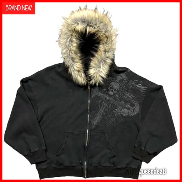 Oversized Zip Up Hoodie with Faux Fur Hood Y2K Goth Graphic Sweatshirt